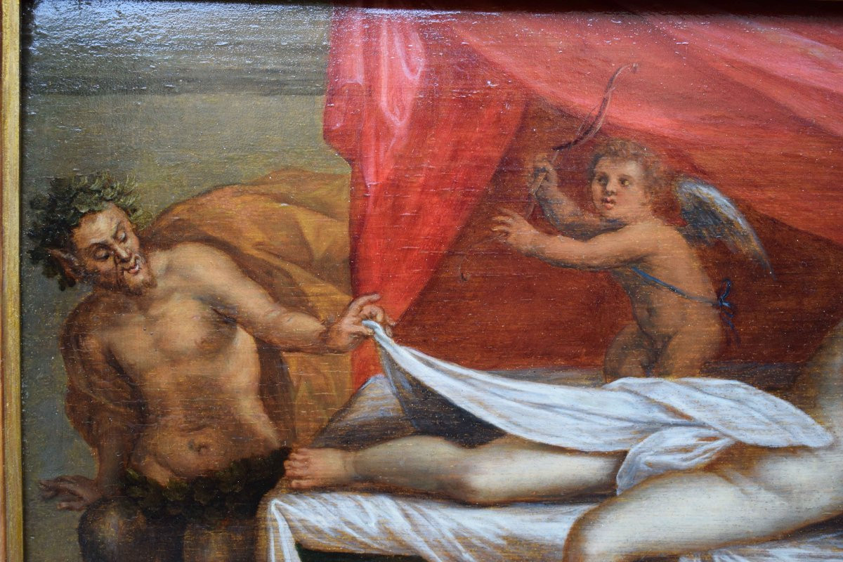 Dipinto fiammingo del XVII secolo raffigurante Venere sorpresa da un satiro su tavola di rovere-photo-4