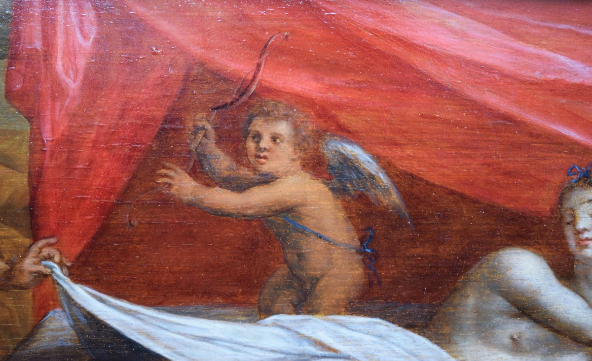 Dipinto fiammingo del XVII secolo raffigurante Venere sorpresa da un satiro su tavola di rovere-photo-1