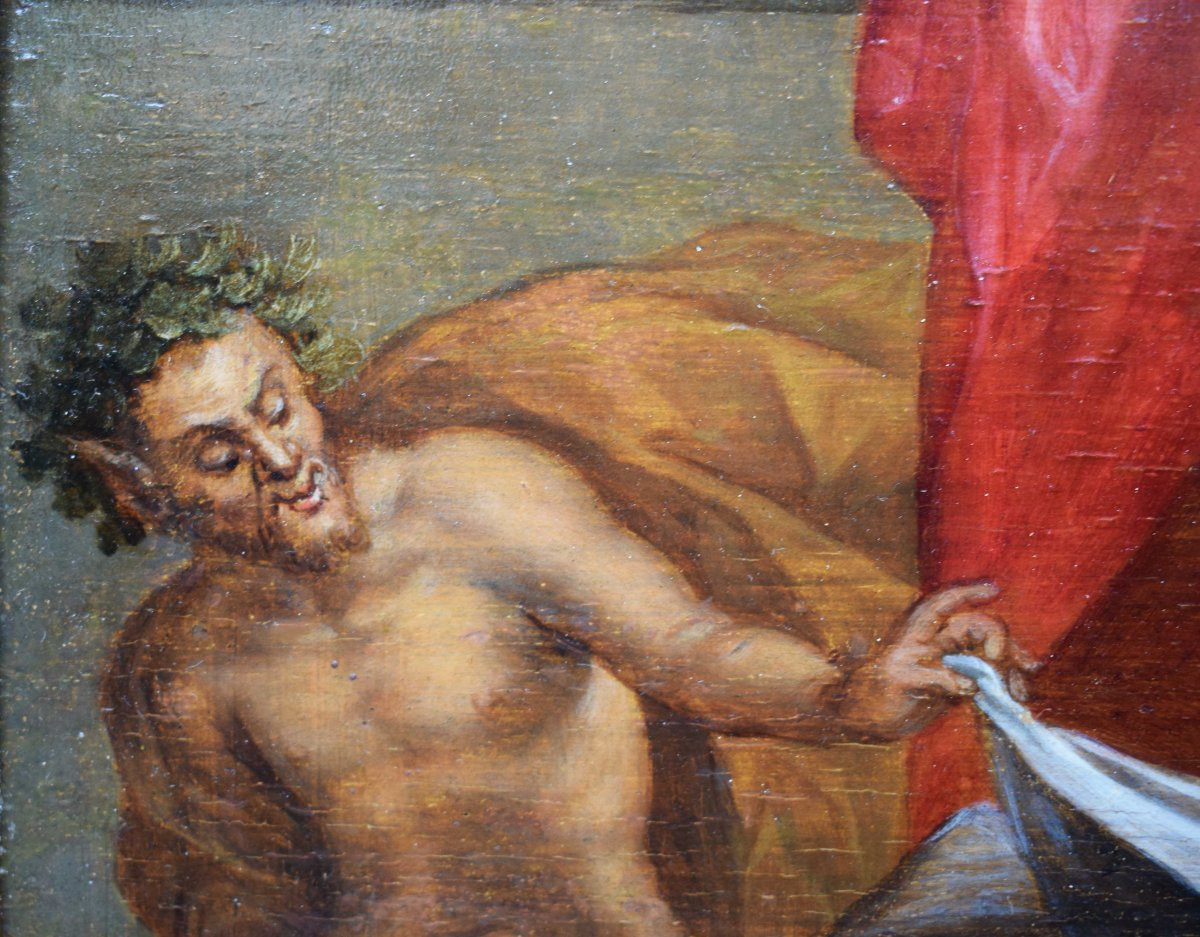 Dipinto fiammingo del XVII secolo raffigurante Venere sorpresa da un satiro su tavola di rovere-photo-2