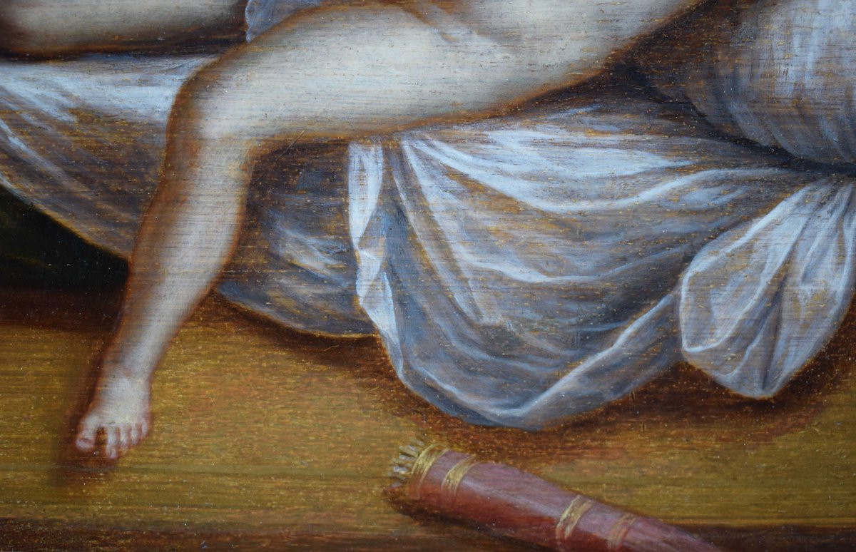 Dipinto fiammingo del XVII secolo raffigurante Venere sorpresa da un satiro su tavola di rovere-photo-3