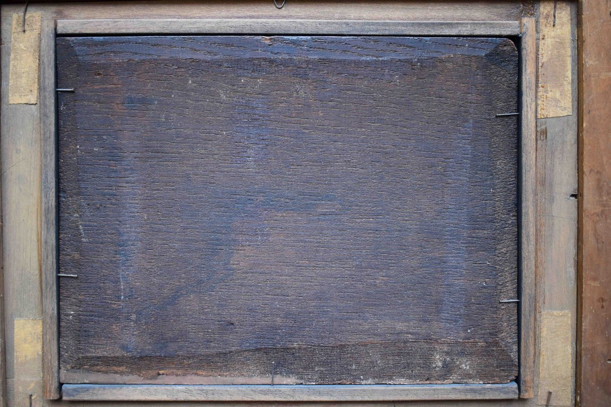 Dipinto fiammingo del XVII secolo raffigurante Venere sorpresa da un satiro su tavola di rovere-photo-4