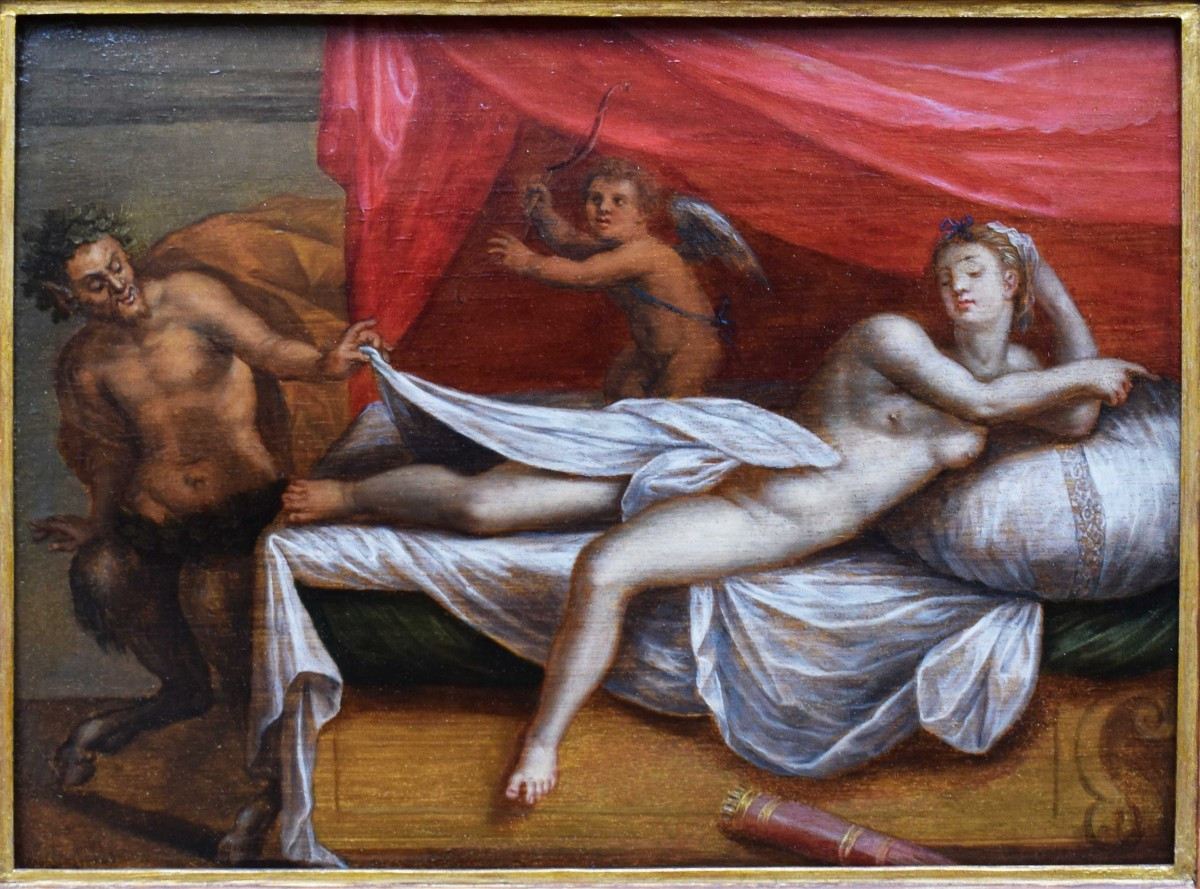 Dipinto fiammingo del XVII secolo raffigurante Venere sorpresa da un satiro su tavola di rovere