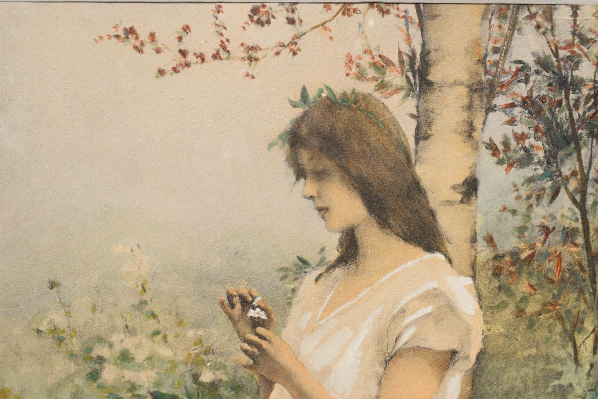 Acquerello di Auguste Émile Pinchart con Giovane donna in giardino-photo-4