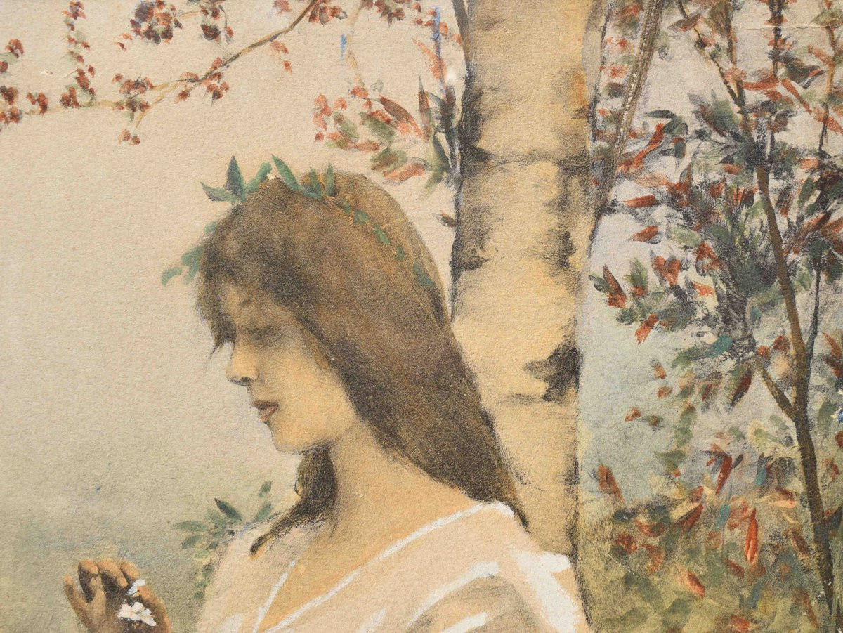 Acquerello di Auguste Émile Pinchart con Giovane donna in giardino-photo-1