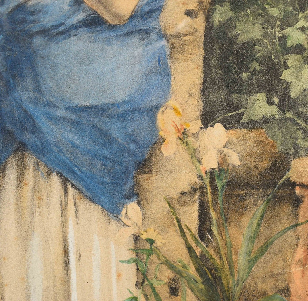 Acquerello di Auguste Émile Pinchart con Giovane donna in giardino-photo-5
