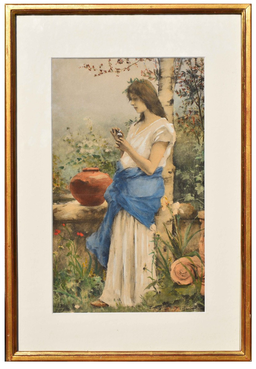 Acquerello di Auguste Émile Pinchart con Giovane donna in giardino