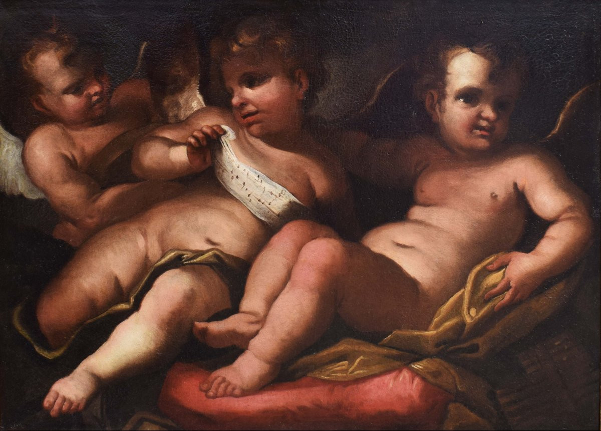 Dipinto di scuola genovese, cerchia di Domenico Piola XVII secolo, Putti musicanti-photo-2