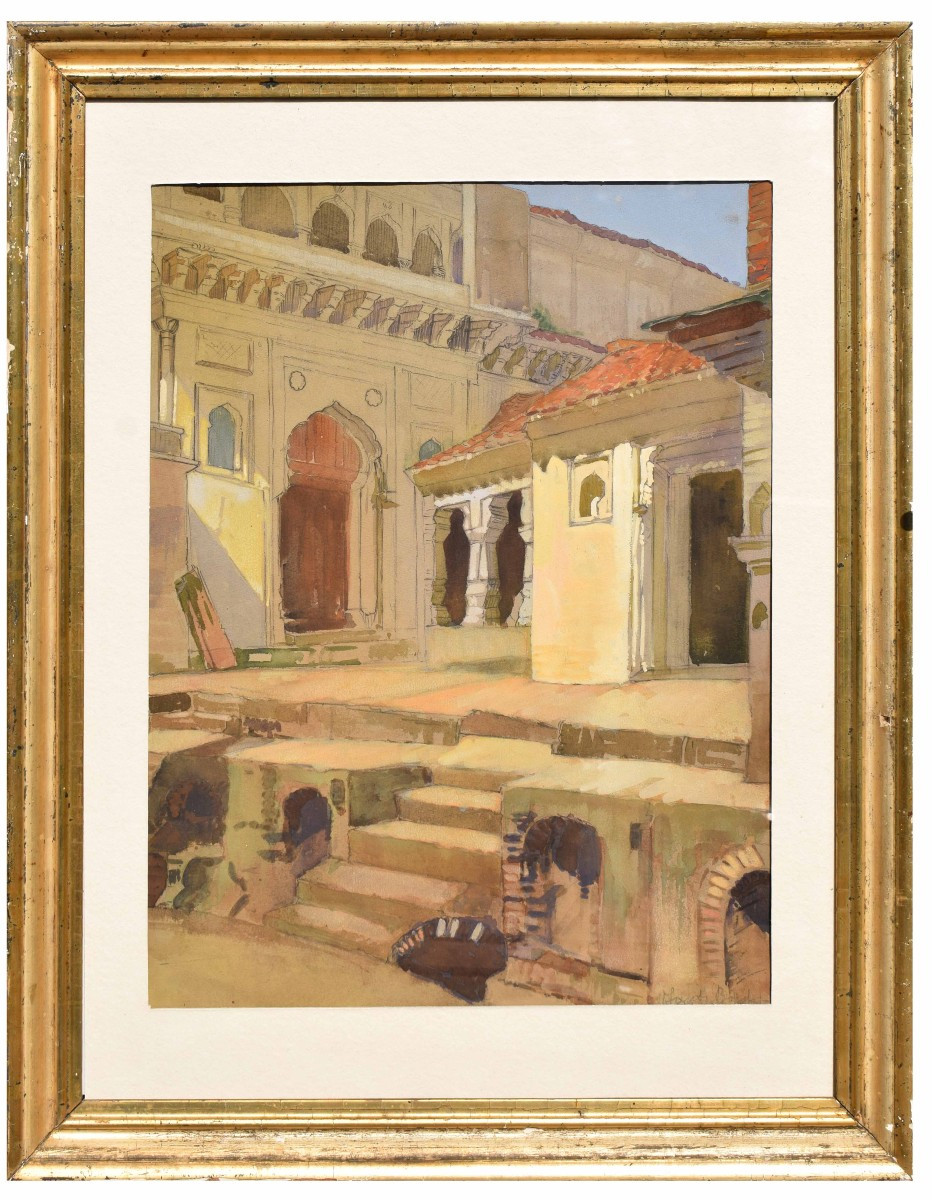 Acquerello orientalista con architetture