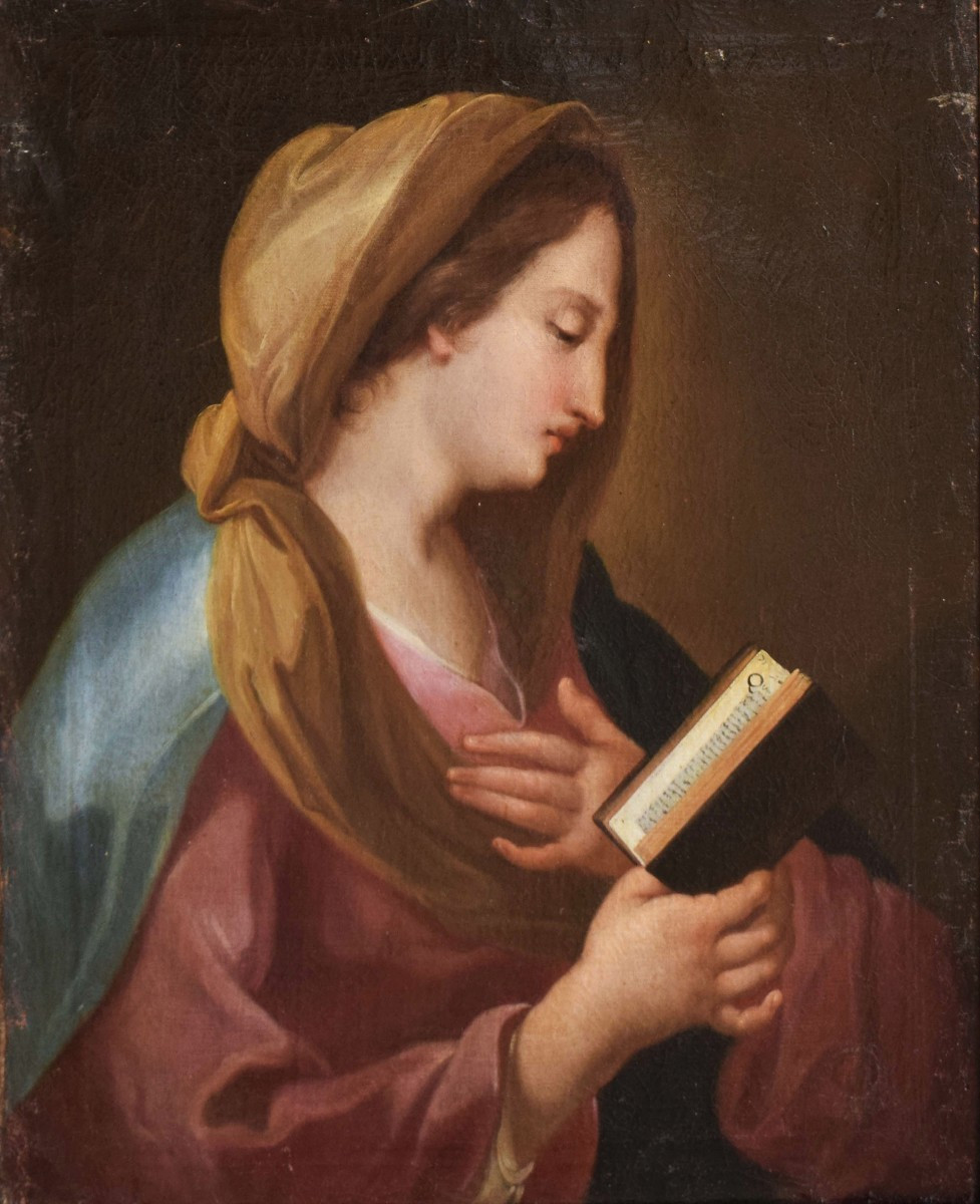 Dipinto antico del Settecento di scuola romana Madonna in lettura-photo-2