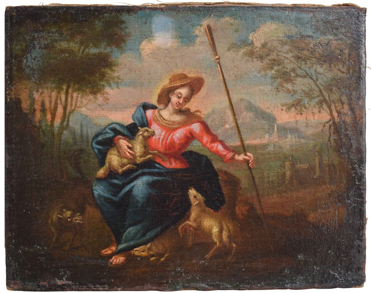 Coppia di dipinti del Settecento: Madonna Pastora e Cristo Buon Pastore, XVIII secolo-photo-2