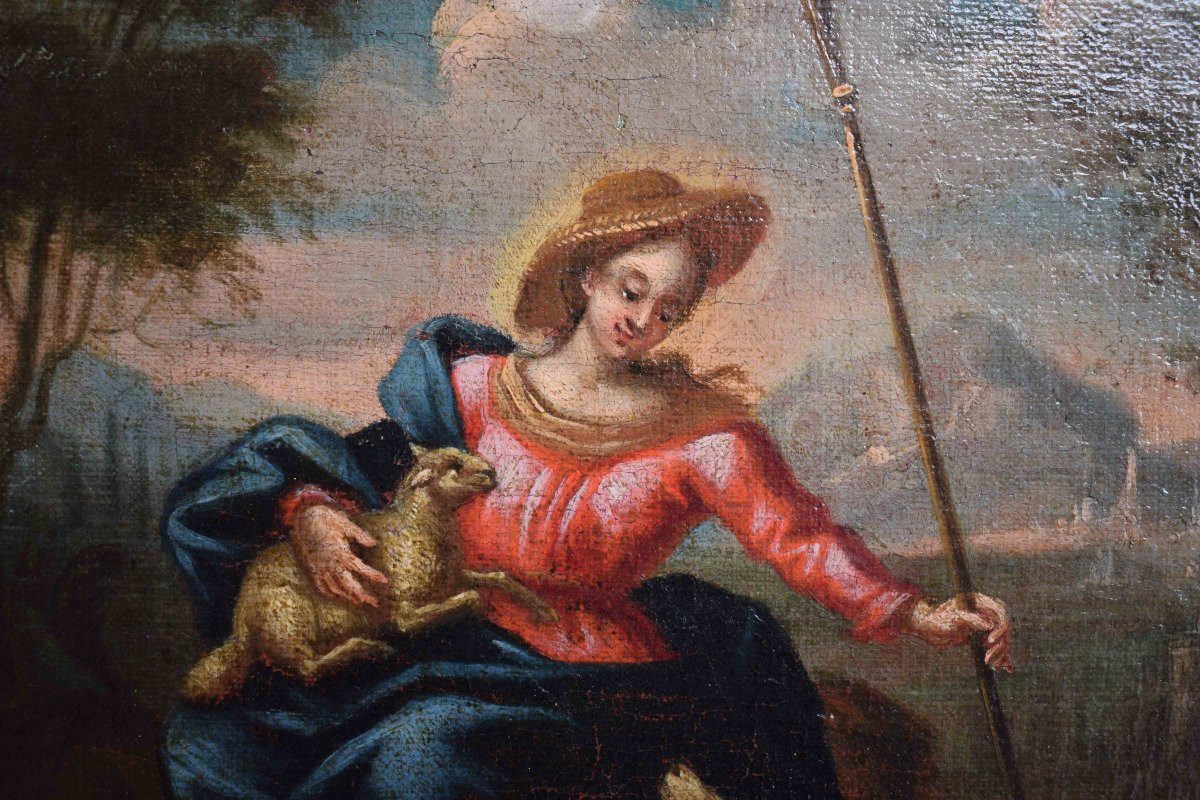 Coppia di dipinti del Settecento: Madonna Pastora e Cristo Buon Pastore, XVIII secolo-photo-4