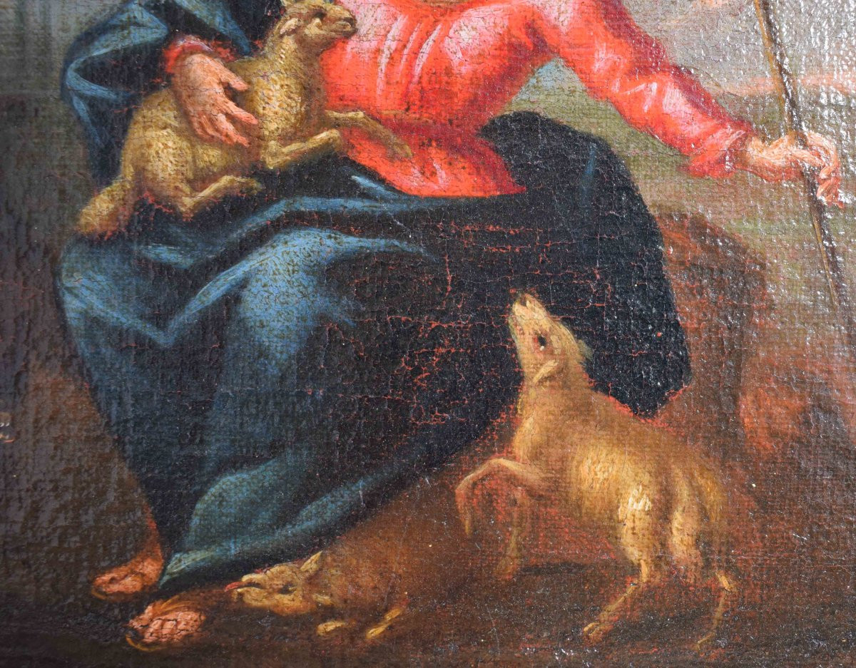 Coppia di dipinti del Settecento: Madonna Pastora e Cristo Buon Pastore, XVIII secolo-photo-1