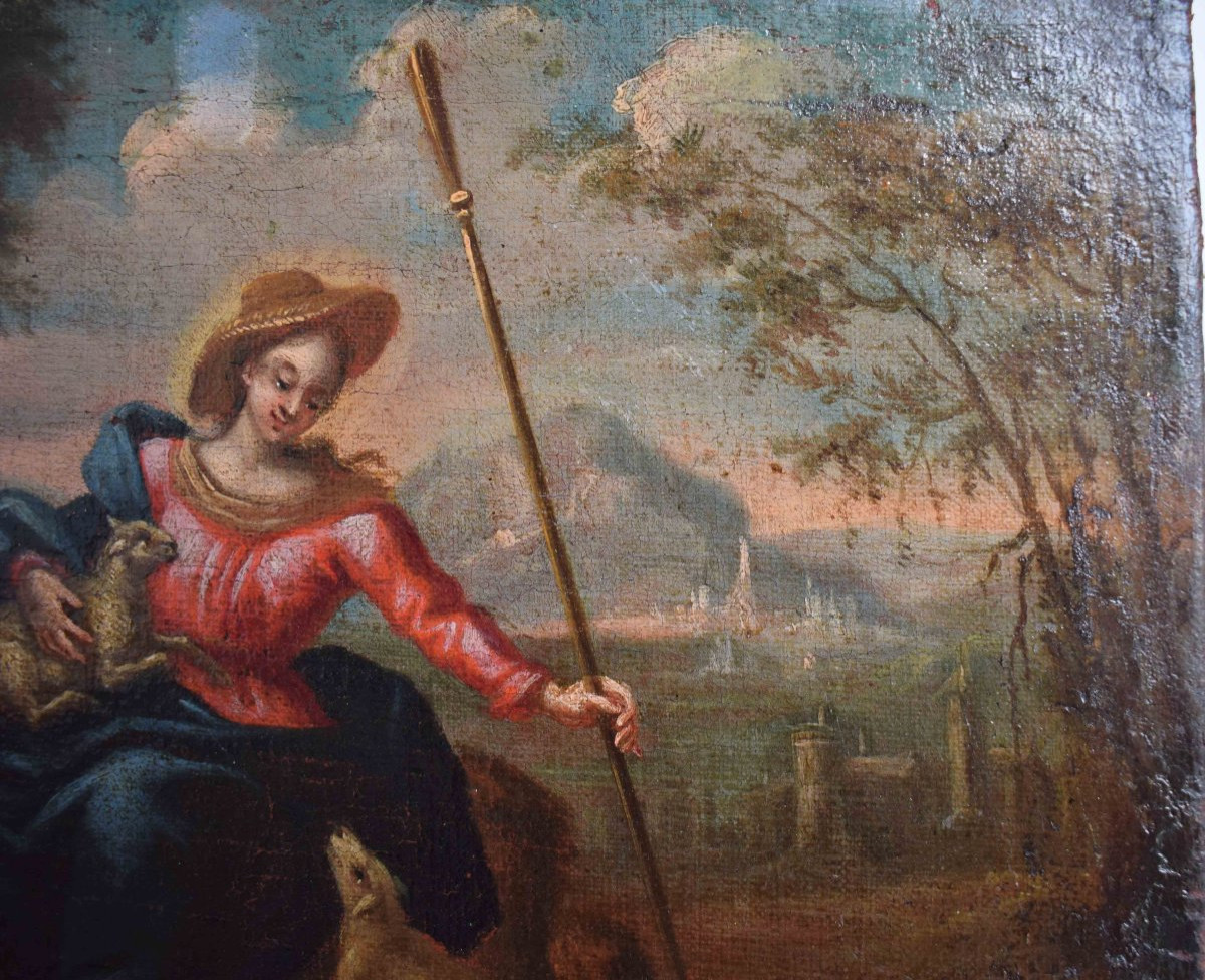 Coppia di dipinti del Settecento: Madonna Pastora e Cristo Buon Pastore, XVIII secolo-photo-3