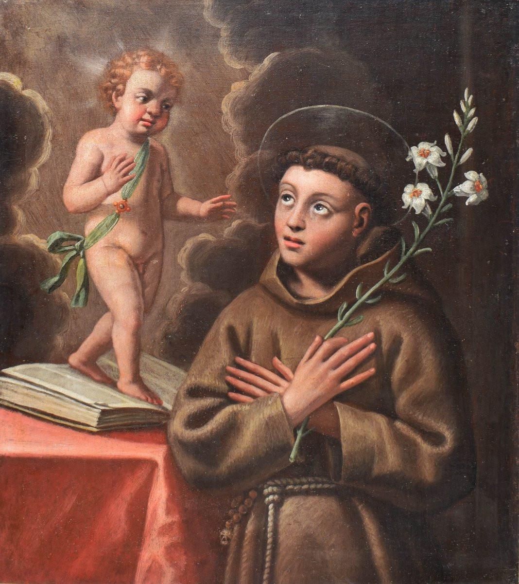 Dipinto religioso antico Sant'Antonio di Padova, XVII secolo Emilia-photo-2