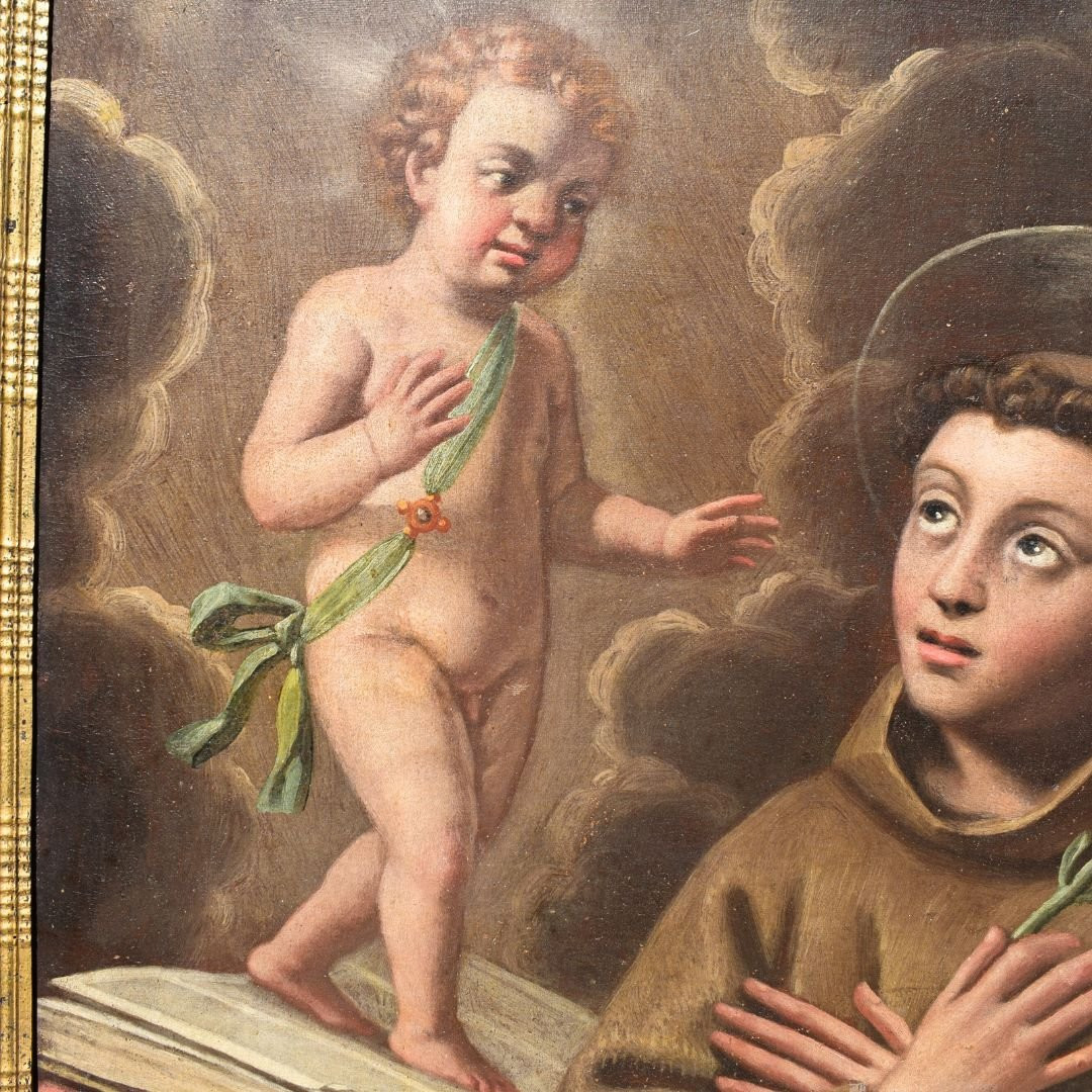 Dipinto religioso antico Sant'Antonio di Padova, XVII secolo Emilia-photo-3