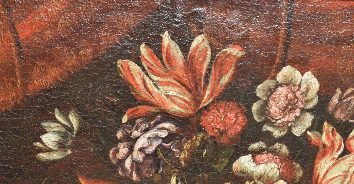 Dipinto lombardo Natura morta floreale XVII secolo Dipinto con canestra di fiori-photo-4