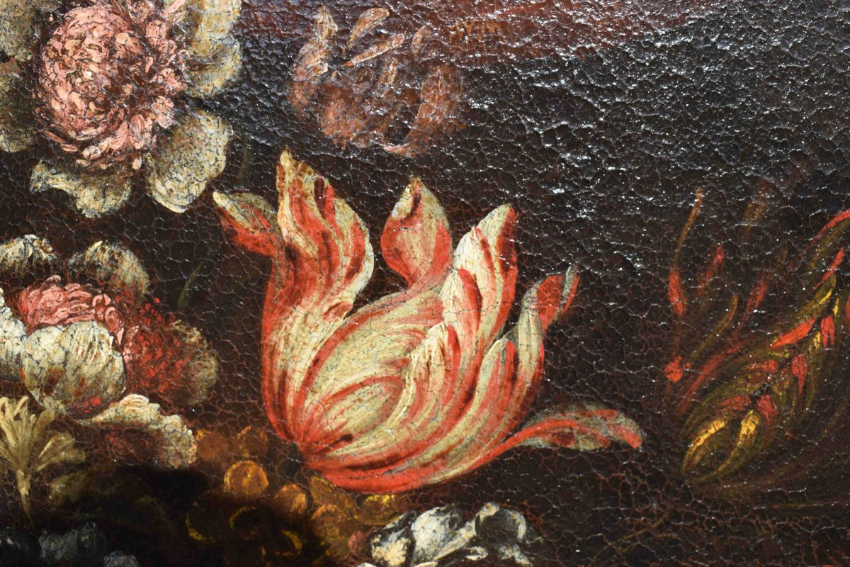 Dipinto lombardo Natura morta floreale XVII secolo Dipinto con canestra di fiori-photo-5