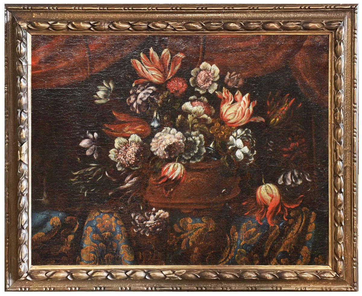 Dipinto lombardo Natura morta floreale XVII secolo Dipinto con canestra di fiori