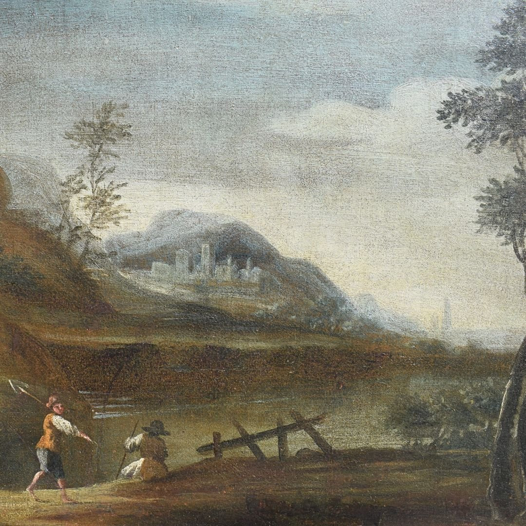 Dipinto antico paesaggio veneto con figure olio su tela XVIII secolo scuola veneta-photo-2