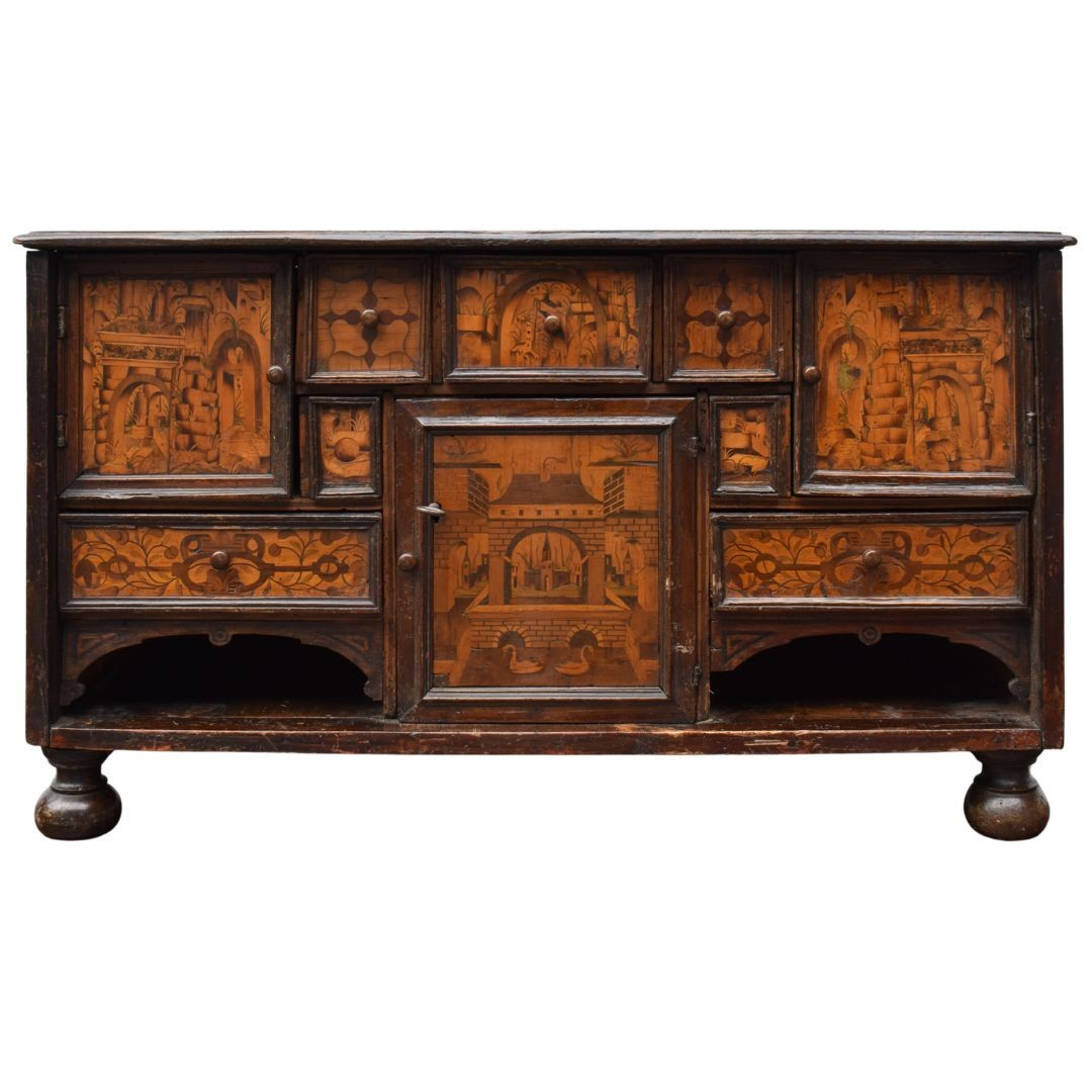 Stipo - monetiere decorato a paesini, XVI secolo, Piemonte, Nord Italia