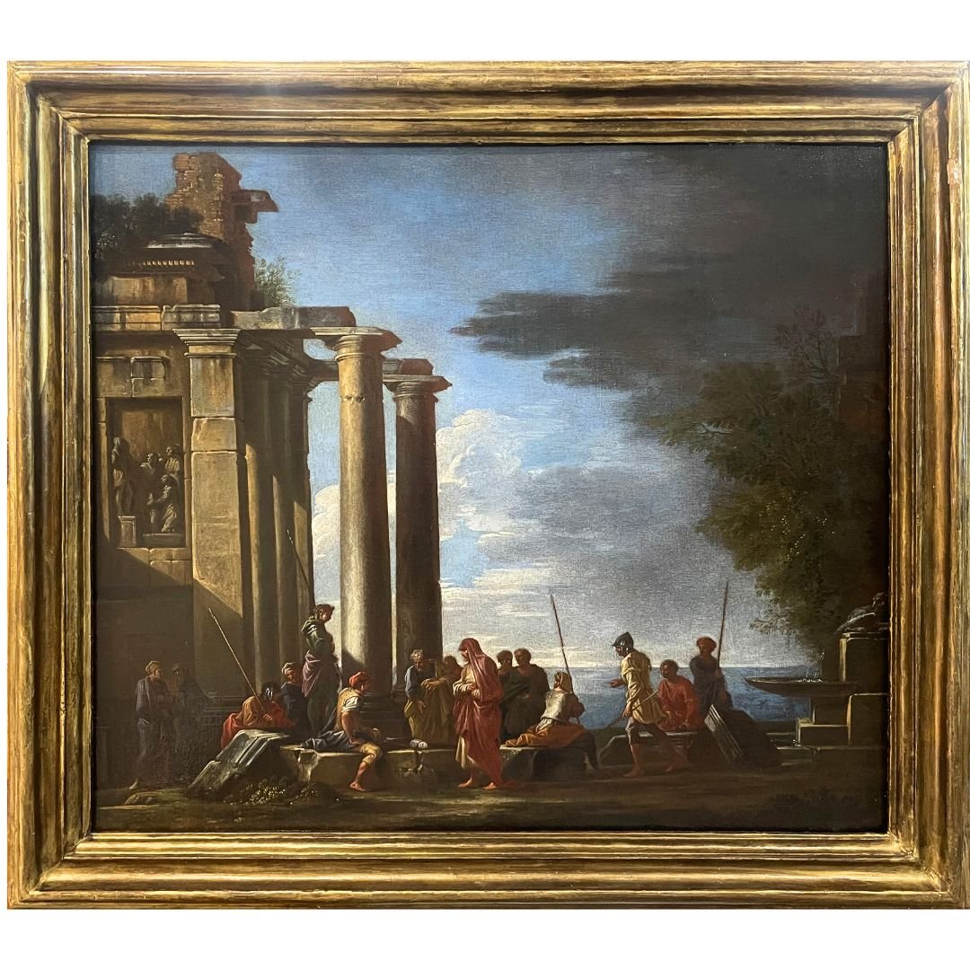 Dipinto capriccio architettonico Giovanni Ghisolfi episodio Tributo della moneta