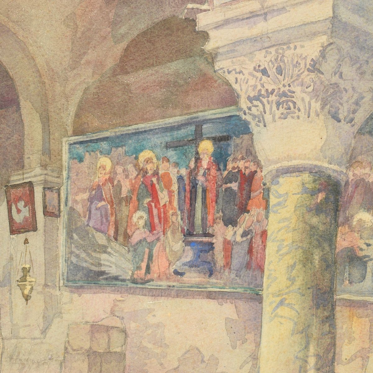 Acquerello orientalista Interno della Cappella di Sant'Elena, Basilica del Santo Sepolcro 1932-photo-3