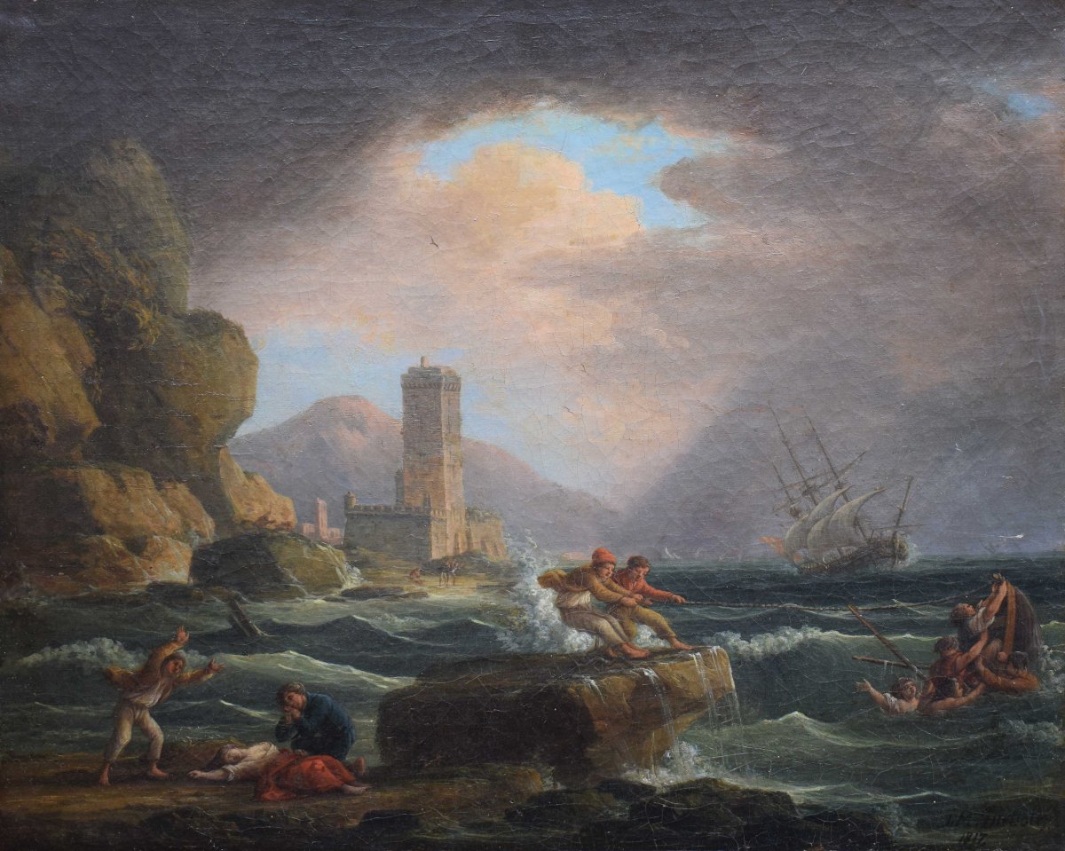 Jean Michel Diebolt (1779–1825) – Marina in tempesta, olio su tela firmato e datato 1817-photo-2
