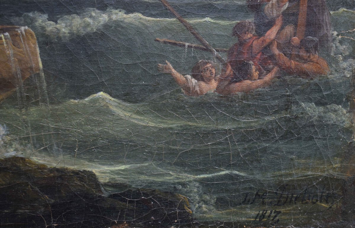 Jean Michel Diebolt (1779–1825) – Marina in tempesta, olio su tela firmato e datato 1817-photo-6