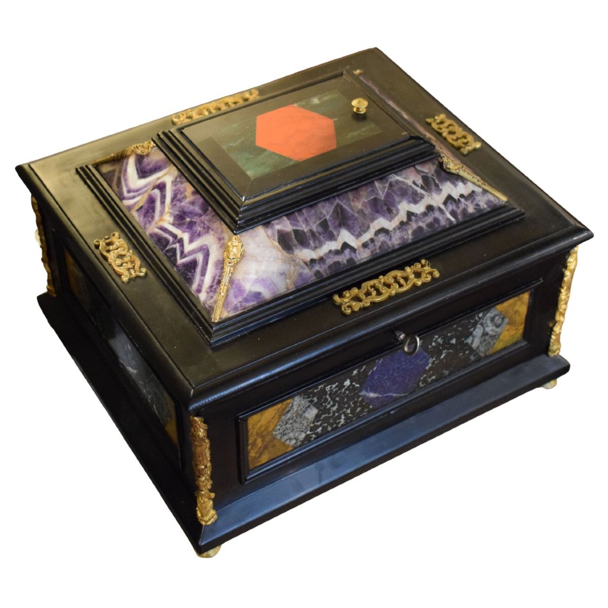 Stipo cofanetto del XIX secolo in legno ebanizzato, pietre dure policrome e bronzi dorati-photo-3