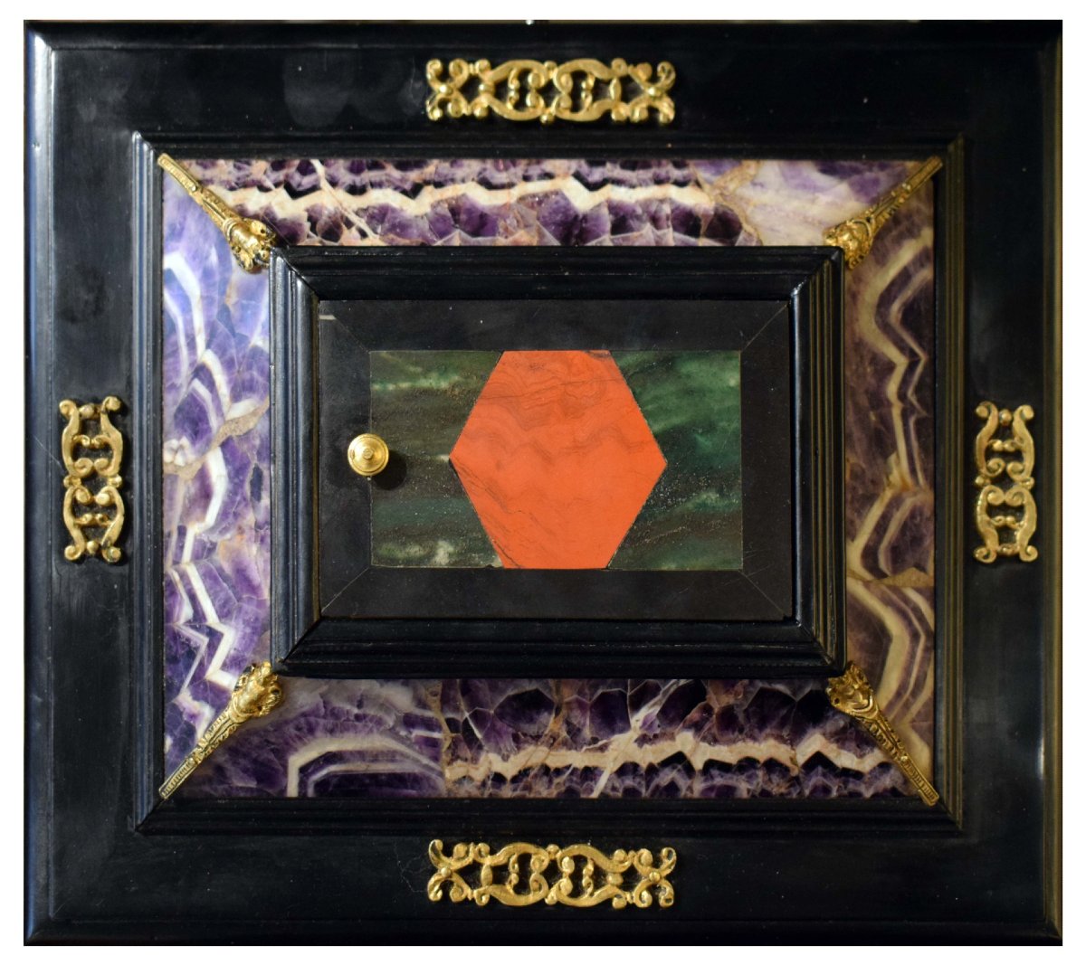 Stipo cofanetto del XIX secolo in legno ebanizzato, pietre dure policrome e bronzi dorati-photo-4