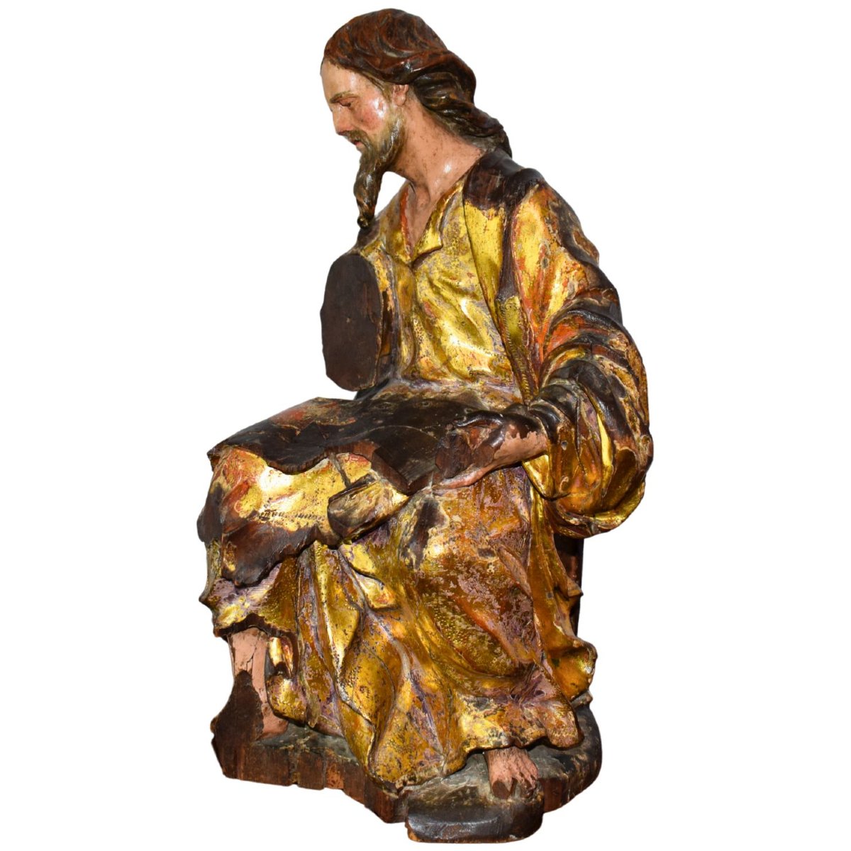 Scultura lignea policroma e dorata raffigurante San Luca Evangelista, XVI secolo-photo-1