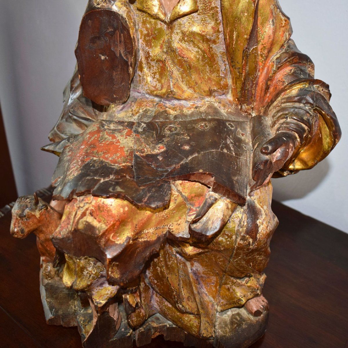Scultura lignea policroma e dorata raffigurante San Luca Evangelista, XVI secolo-photo-3