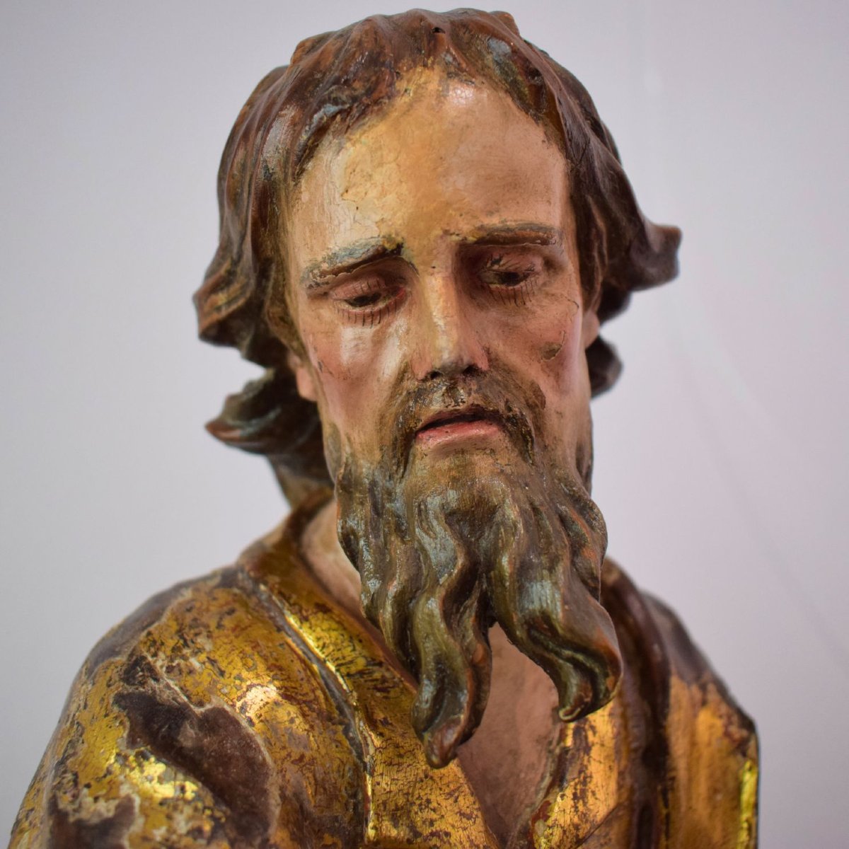 Scultura lignea policroma e dorata raffigurante San Luca Evangelista, XVI secolo-photo-4