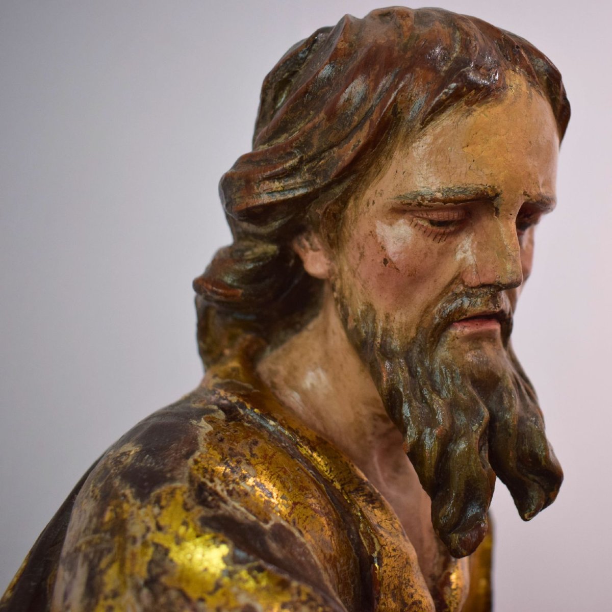 Scultura lignea policroma e dorata raffigurante San Luca Evangelista, XVI secolo-photo-5