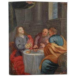 Cena in Emmaus – Dipinto Olio su rame, Italia centrale, XVII secolo