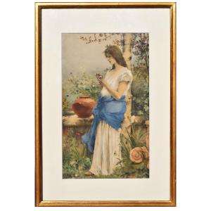 Acquerello di Auguste Émile Pinchart con Giovane donna in giardino