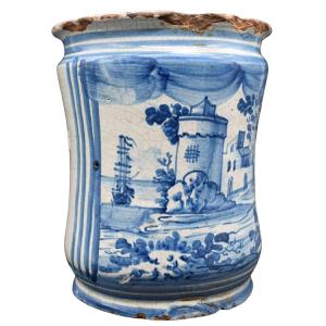 Vaso albarello in maiolica bianca e blu Napoli XVIII secolo 