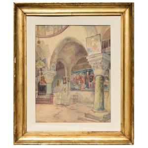 Acquerello orientalista Interno della Cappella di Sant'Elena, Basilica del Santo Sepolcro 1932