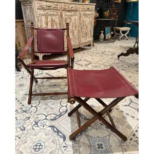 Folding Armchair And Its Bamboo Style Stool