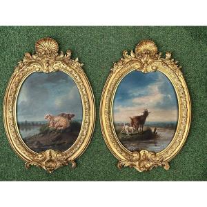 Paire De Tableaux Huile sur Panneaux XIX éme Siècle 