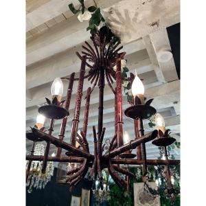 Bamboo Style Chandelier In Patinated Metal
