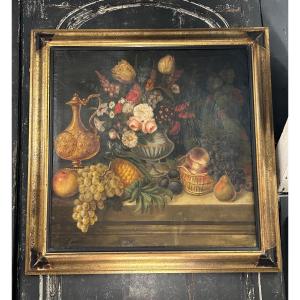 Still Life Painting With Bouquet Of Flowers, Ewer And Fruits