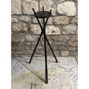 Blackened Wooden Tripod Stand With Gold Bamboo Style Enhancement 