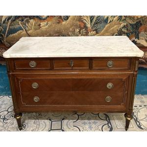 Louis XVI Style Mahogany Chest Of Drawers With A White Marble Top 