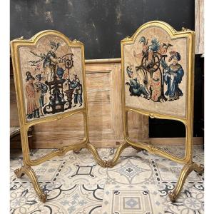 Pair Of Louis XV Style Tapestry Light Screens