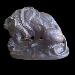 Bronze Lion With Serpent By Barye Old Cast Iron