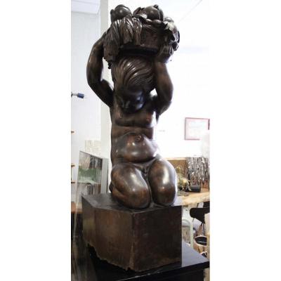 Art Deco Large Wooden Sculpture "child And Basket"