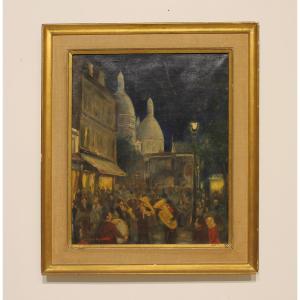 Painting Paris At Night Place Du Tertre In Montmartre - Tony Agostini (1916-1990)