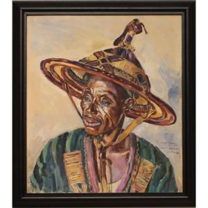 Large Portrait Of A Beninese Man Wearing A Traditional Hat By Pierre Matossy (1891–1969)