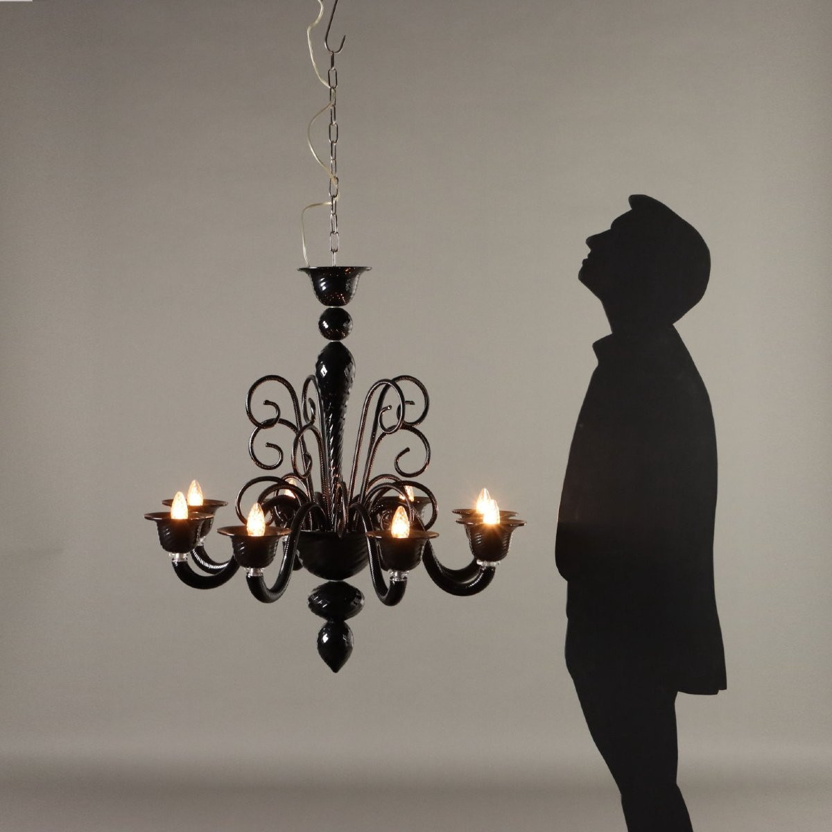 Lampadario in Vetro Nero Murano Anni 80-photo-2